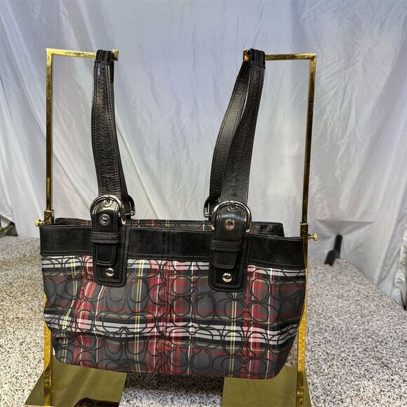Coach Poppy Tartan Plaid Signature Shoulder Bag Black/Red Medium - Picture 1 of 12